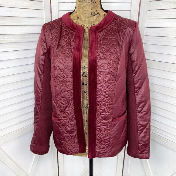 Zenergy by Chico’s Quilted Embroidered Puffer Moto Jacket Maroon Red Small - Picture 8 of 16